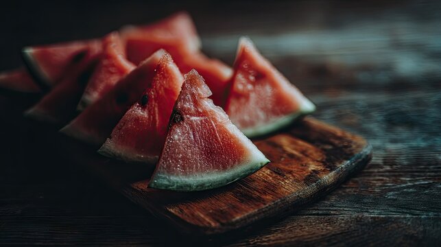 Slices of watermelon on a wooden cutting board.