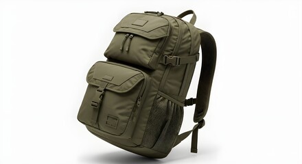 Naklejka premium A close-up studio shot of a rugged, olive-green backpack, showcasing its compartments and straps.