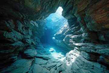 Underwater cave with sunlight filtering through the opening illuminating the crystal-clear water and rocky formations below