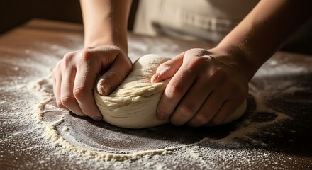 Close-up of a baker's hands kneading fresh dough on a floured wooden table. Artisanal bread making process.