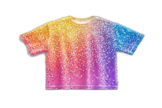 Rainbow glitter t-shirt with sparkling colors and shimmering finish, isolated on transparent background.