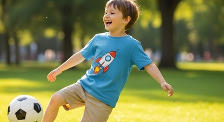 A joyful young boy in a blue rocket t-shirt laughs while kicking a soccer ball on a sunny green lawn in a park.