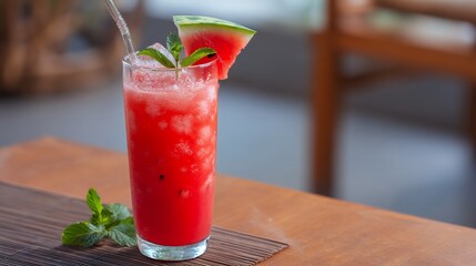 Refreshing Watermelon Drink with Ice and Mint in Tall Glass