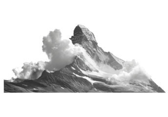 Dramatic mountain peaks with swirling clouds isolated on transparent background