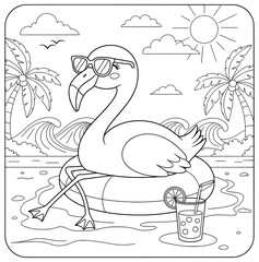 Flamingo wearing sunglasses relaxing on a pool float with a tropical beach background, palm trees, ocean waves, and a summer drink. Black and white coloring page
