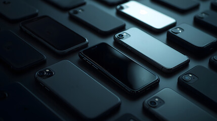 Various different mobile phones displayed inside electronics store