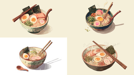 Realistic illustration of ramen bowls with egg, pork, and toppings, beautifully presented with chopsticks—perfect for food menus, culinary blogs, and Japanese cuisine themes.

