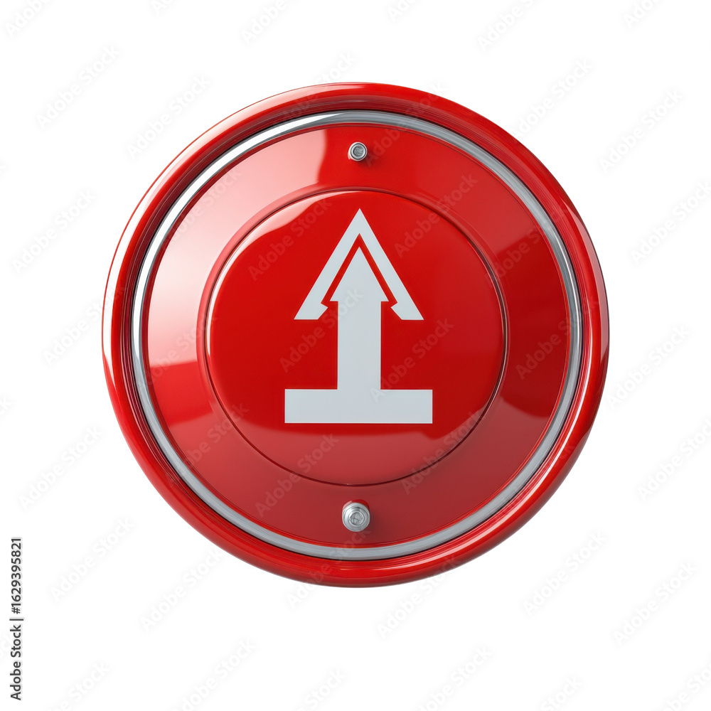 Poster red metallic button with upward arrow, direction indicator for navigation, growth on transparent bac
