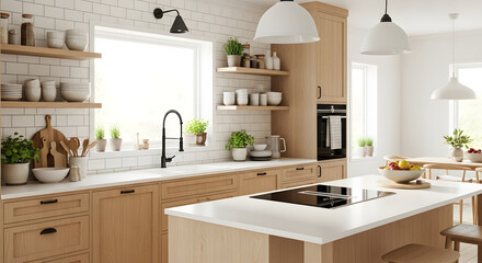 Bright and modern kitchen with island, shelves, sink and plants near window