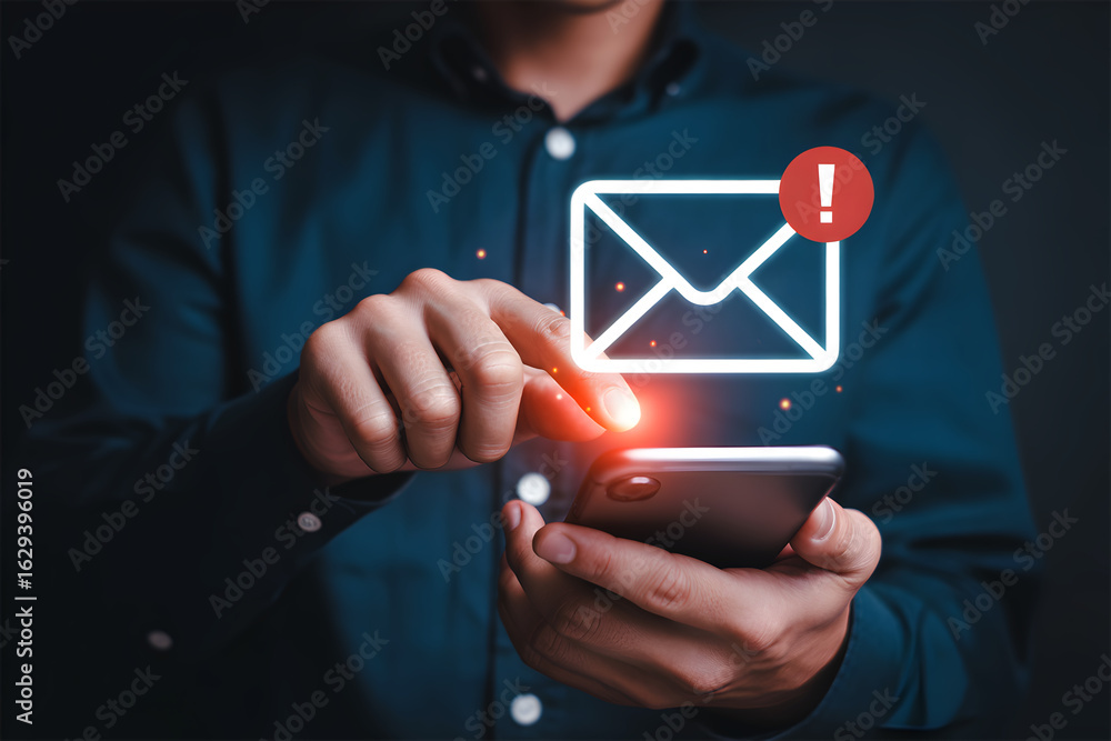 Poster new email notification concept. man receiving an urgent message or spam alert on a smartphone.