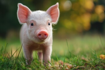 Fototapeta premium Cute newborn piglet standing on a lush green grass lawn surrounded by nature in warm sunlight during a tranquil day