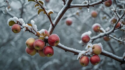Snow covered apple tree branches laden with ripe apples in a winter scene with a blurred background