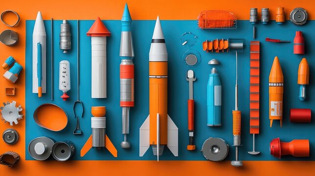 Model rocketry kits including rockets, engines, launch pads, and tools styled for educational hobby visuals around science exploration, engineering, and creative experiments