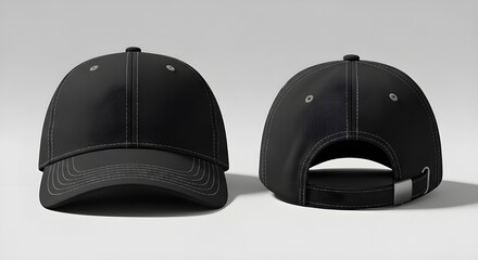 Two black baseball caps are displayed, one facing forward and the other backward, against a white background.