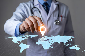 Global health and medical tourism concept. Doctor selecting a destination on a virtual world map.