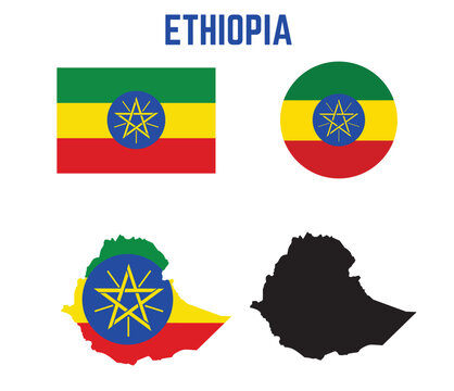 ethopia flags and maps ,flag in circle ,rectangle,styled ethopia ,map in national colour,silhoutte ethopia map ,vector illustration