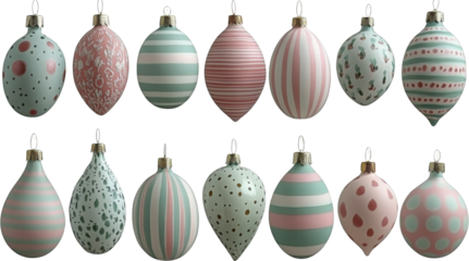 Collection of twelve pastel colored Christmas ornaments with stripes dots and floral patterns isolate