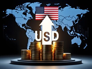 Usd currency strength concept with american flag and world map financial growth idea