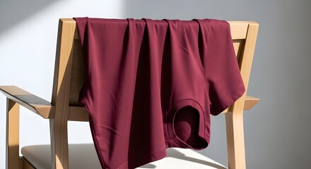 A maroon t-shirt draped over the back of a wooden chair, indoors.