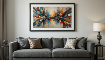 Artwork and Comfort: An eye-level view features a sofa in a domestic space. A large framed abstract painting hangs above the sofa, complementing the living area.