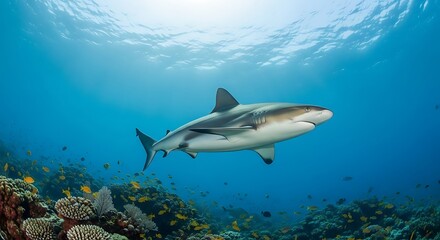 Fototapeta premium Underwater view of a reef shark swimming gracefully in its natural habitat surrounded by coral