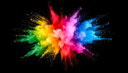 Vibrant rainbow powder explosion against a stark black backdrop, creating a dynamic and colorful burst