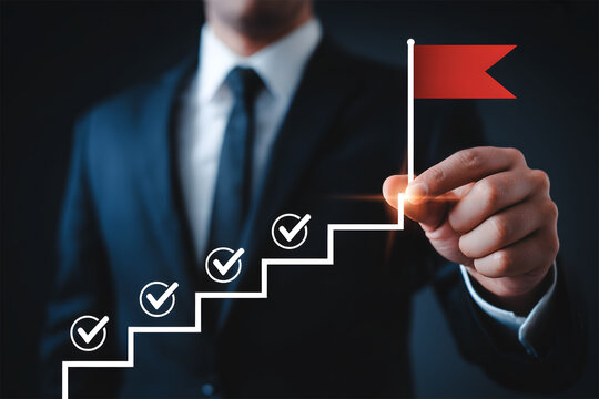 Business goal achievement concept. Man completing project milestones to reach the final target.