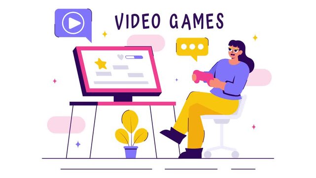 Animation of Vector Illustration of a Professional Cute Gamer Streaming Online While Playing Video Games on a Live Platform in a Stylish Background