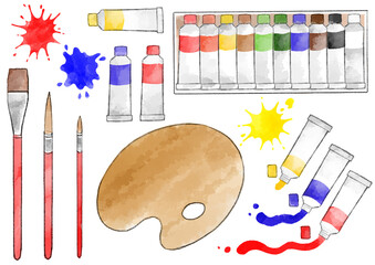 油絵セットのイラスト　手描き　水彩風