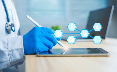 Doctor using AI medical interface on digital tablet for health data analysis and patient care in...