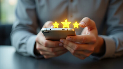 Hands hold a phone with three glowing gold stars above it, suggesting a rating action.