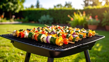 Top-down shot of a charcoal grill outdoors, with skewers of vibrant vegetable kebabs sizzling over open flames