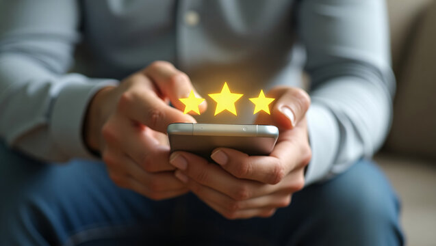 Hands hold a phone with three glowing gold stars above it, likely giving a rating.
