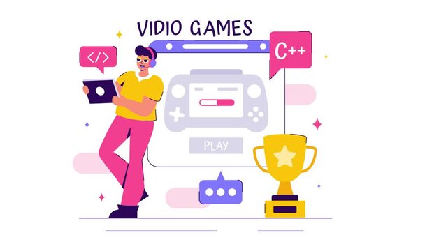 Animation of Vector Illustration of a Professional Cute Gamer Streaming Online While Playing Video Games on a Live Platform in a Stylish Background