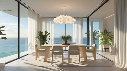 Minimalist luxury dining room with a panoramic ocean view. Large floor-to-ceiling windows with sheer white curtains, soft natural sunlight flooding the space. Light wood dining table with matching sto