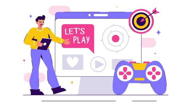 Animation of Vector Illustration of a Professional Cute Gamer Streaming Online While Playing Video Games on a Live Platform in a Stylish Background