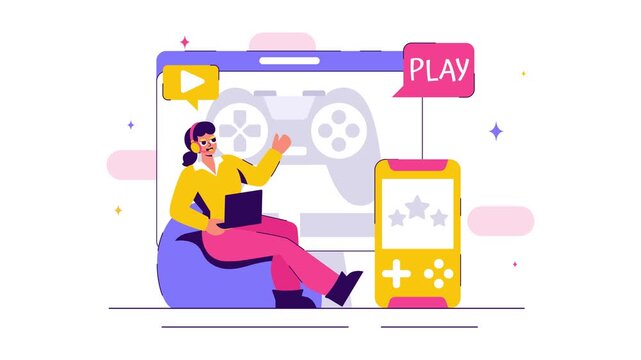 Animation of Vector Illustration of a Professional Cute Gamer Streaming Online While Playing Video Games on a Live Platform in a Stylish Background