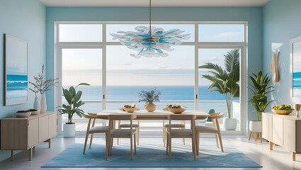 Minimalist luxury dining room with pastel blue and white color palette, ocean view through large windows, soft daylight, Scandinavian-style light wood furniture, modern artistic chandelier, potted pla