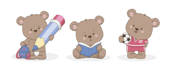 Naklejka premium Three adorable bears in a playful vector illustration, each engaged in different activities. One bear holds a pencil, another reads a book, and a third enjoys soccer with a ball.