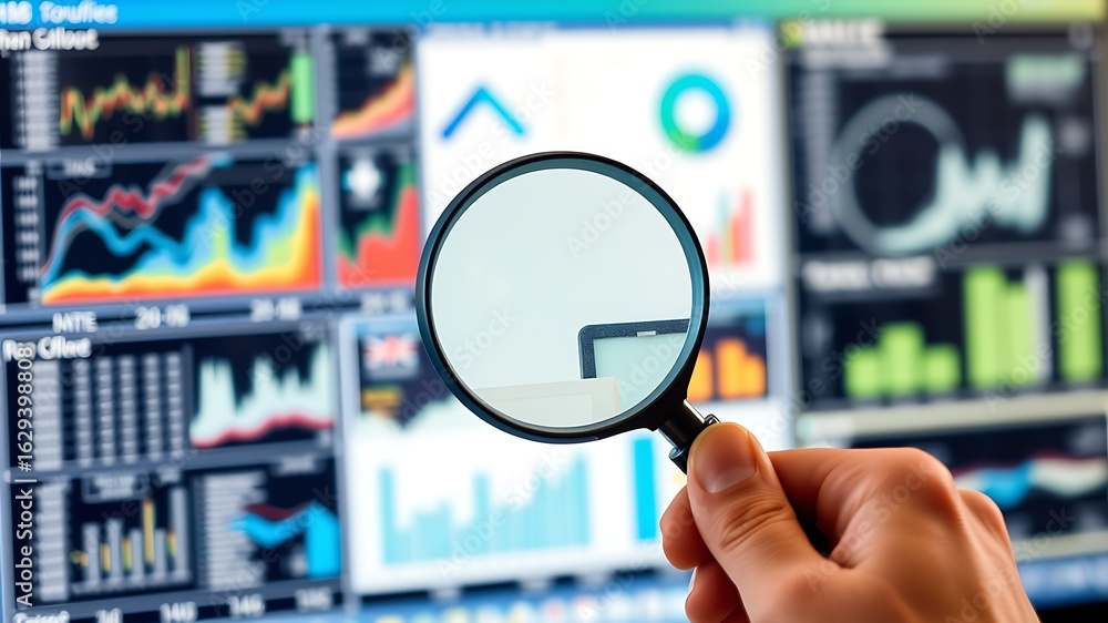Poster analyzing financial data visualizations with magnifying glass for deeper insight and research