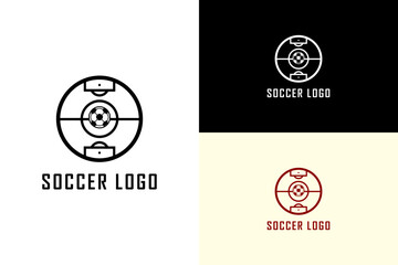 illustration of top view football pitch circle with a centered football, vector logo for sports, football stadium, professional football, football tournament, soccer club, and more