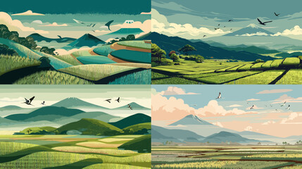 Stylized landscape of rice fields and mountains with flying birds in a poster-art aesthetic—ideal for travel, farming, or nature illustration themes.

