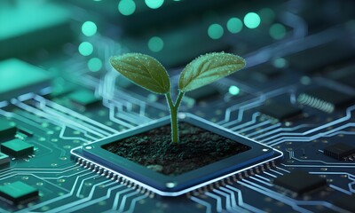 Sustainable future concept showing seedling growing from computer chip, symbolizing technology and nature, green technology solutions, environmental awareness