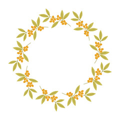 Botanical wreath featuring orange berries and green leaves arranged in a circular design. Vector illustration suitable for decorations, invitations, and seasonal designs.