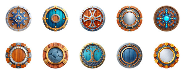 Collection of decorative shields with various designs.