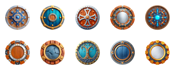 Collection of decorative shields with various designs.