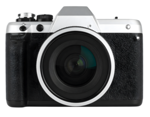 Modern digital camera with lens, silver and black color, photography equipment for professional or amateur photographers on transparent background
