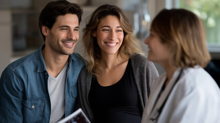 Obraz premium A doctor performs an ultrasound for a happy couple