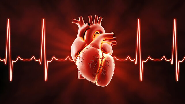 Realistic 3d rendering of a human heart with a vibrant red electrocardiogram line pulsing behind it on a dark background 2025, 2026, dwonload