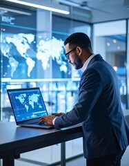 Man in suit uses laptop, global map displays on screen and wall